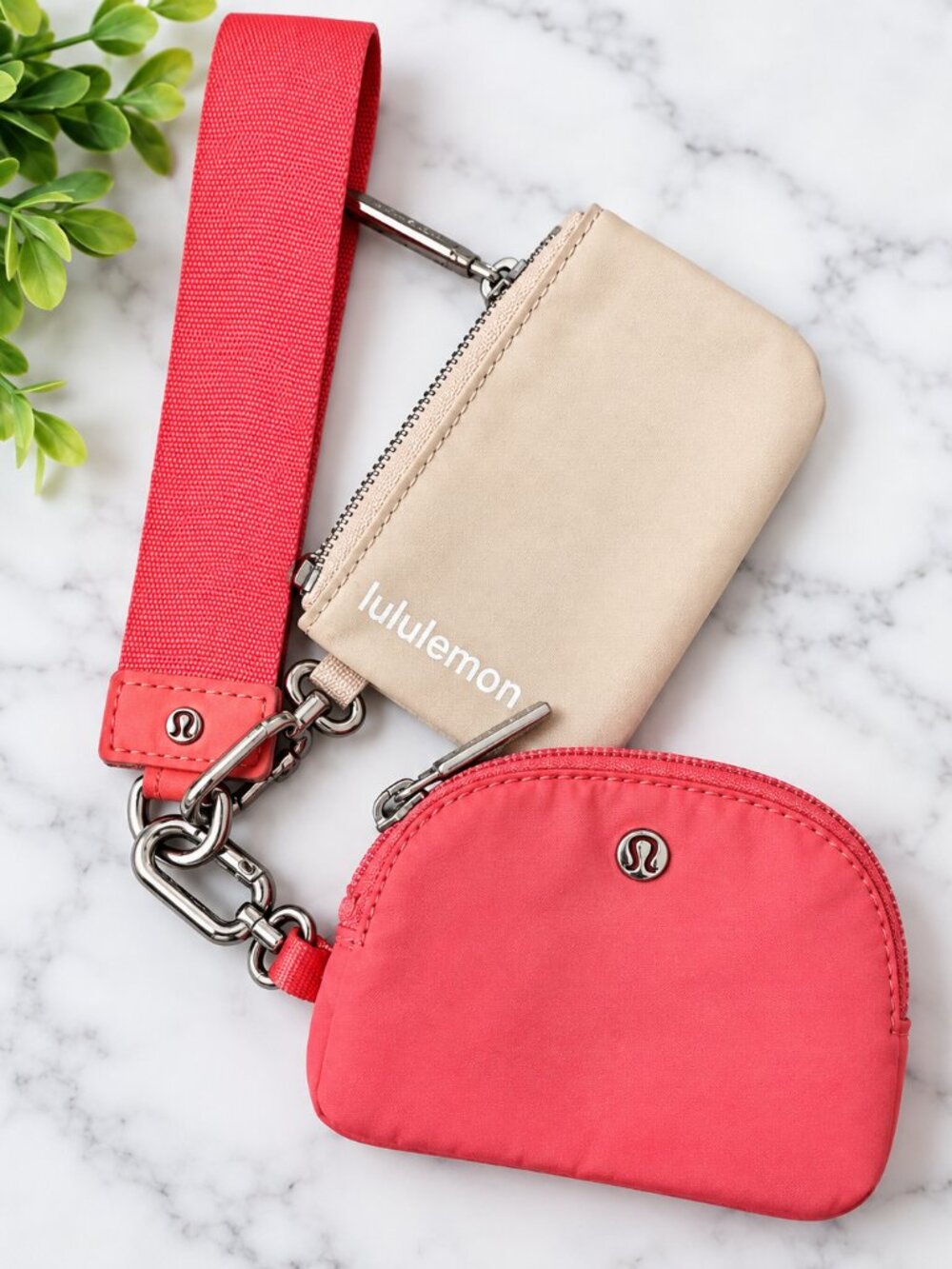 Lululemon Dual Pouch Wristlet Set Coral Pink & Beige Zip Wallet Keychain